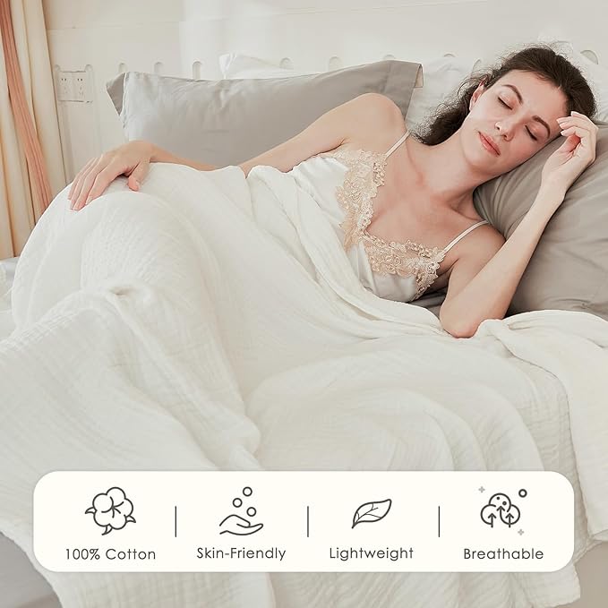 EMME Cotton Blanket Twin XL for Bed Soft Muslin Blankets 66"x90" Lightweight Breathable Layering Bedspread Coverlet All Season Gauze, White