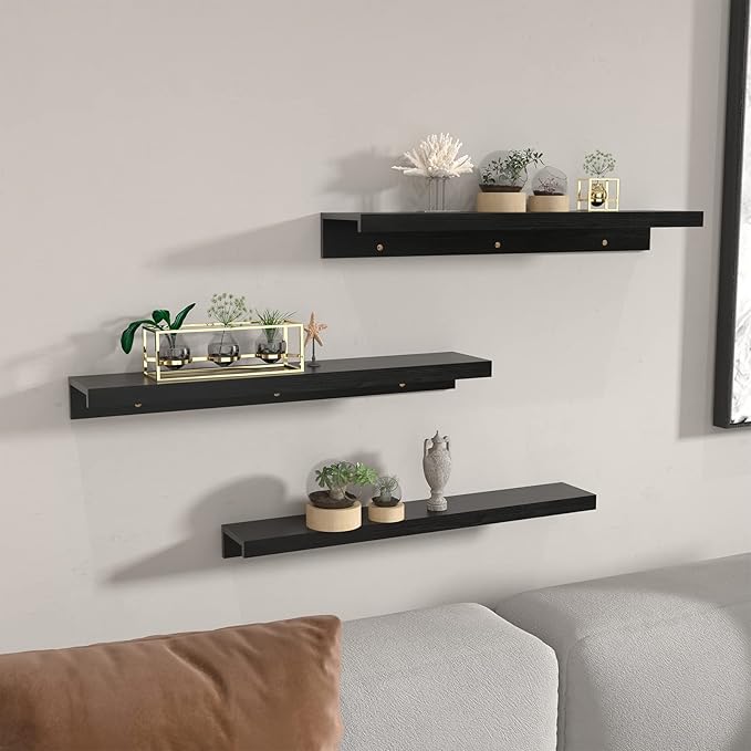 Giftgarden 36 Inch Black Floating Shelves for Wall Woodgrain Picture Ledge Large Photo Shelf for Bedroom Living Room Kitchen Bathroom Storage Shelving, Set of 3 Different Sizes