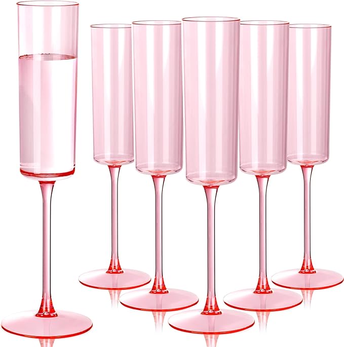 Ciaell 24 Pack Pink Plastic Champagne Flutes - Pink 6 Oz Disposable Champagne Glasses - Square Plastic Toasting Glasses for Party Birthday Anniversary Wedding