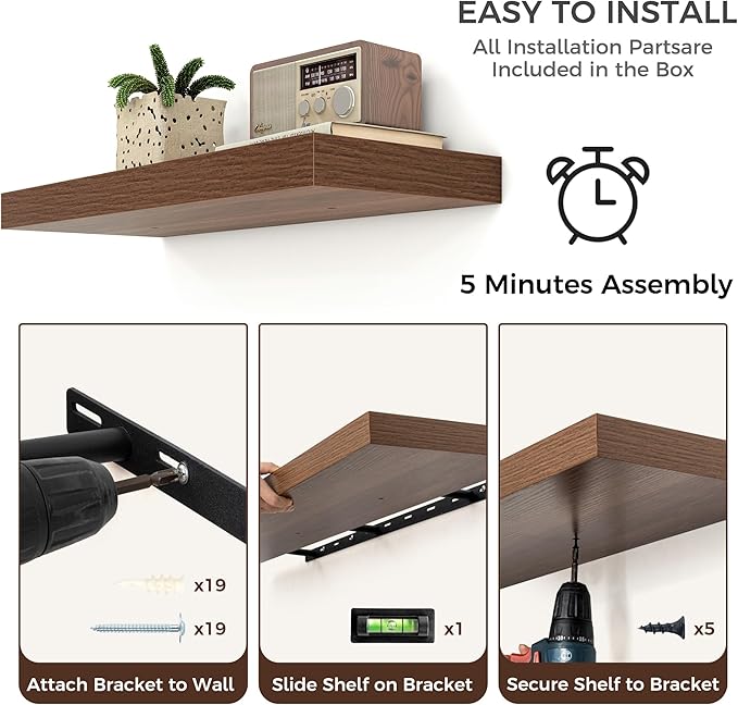 Floating Shelves - 2 Large Wall Mounted Shelves with Invisible Brackets, Long Walnut Wood Floating Wall Shelf for Living Room, Bedroom, Kitchen (36" W x 9" D x 1.5" H)