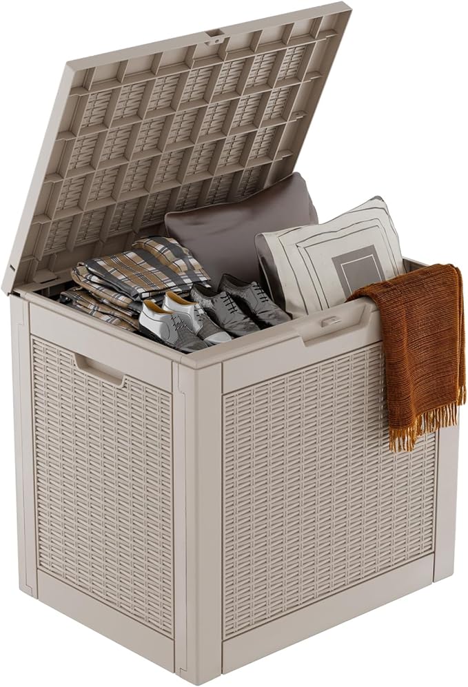 DRATO 31 Gallon Deck Box, Outdoor Storage Box for Patio Cushion, Sports Equipment, Garden Tools, Waterproof Resin Storage Box (Light Brown)