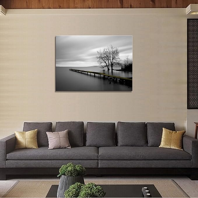 DZL Art S74981 Canvas Prints Modern Minimalist Black and White Lake Trees Landscape Wall Art Painting for Living Room Bedroom Decor Office Wall Decor Home Decoration