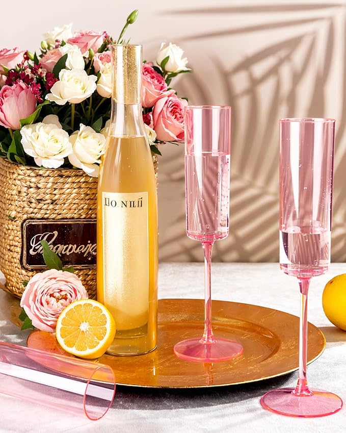 Ciaell 24 Pack Pink Plastic Champagne Flutes - Pink 6 Oz Disposable Champagne Glasses - Square Plastic Toasting Glasses for Party Birthday Anniversary Wedding