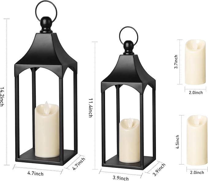 Eufrozy Lanterns Decorative Outdoor Indoor Set of 2 Black Metal Candle Lanterns with Flameless Candle, Modern Farmhouse Lantern Decor for Porch Patio Fireplace Mantle Kitchen Table Christmas Gifts