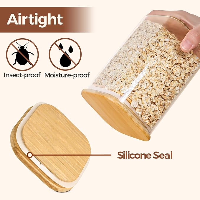 ComSaf 0.8 Qt Glass Jars with Bamboo Lids & Spoons Set of 4, Square Glass Containers with Lids, Sugar Coffee Containers Salt Spice Jars, Pantry Storage Container for Loose Tea, Candy, Brown Sugar, Nut