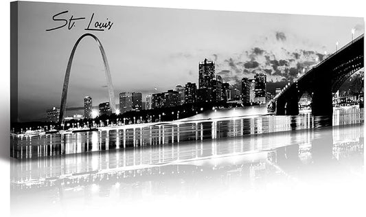 DJSYLIFE Panoramic St. Louis Skyline Wall Art Cityscape Picture Black and White Canvas Print Night View Urban Landscape Modern Artwork Office Bedroom Decor Framed and Ready to Hang 13.8"x47.3"