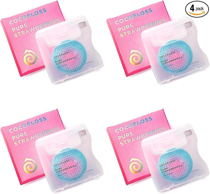 Cocofloss Woven Dental Floss, Dentist-Designed Oral Care, Strawberry Scent, Waxed, Expanding, Kid-Friendly String Floss with Coconut Oil, 4 Spools (33 yd Each)