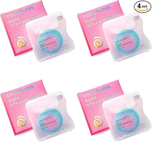 Cocofloss Woven Dental Floss, Dentist-Designed Oral Care, Strawberry Scent, Waxed, Expanding, Kid-Friendly String Floss with Coconut Oil, 4 Spools (33 yd Each)