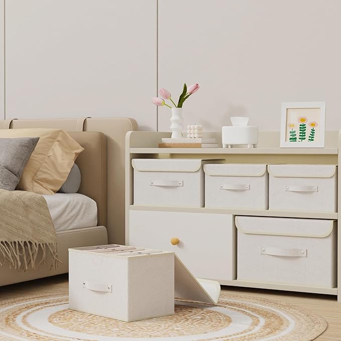 Fabric Storage Bins Cube Organizers with Flip-Top Lid and Handles,Storage Boxes for Organizing Home,Office,and Closet,Beige,3 Pack 13 X 9.1 X 7.9 in