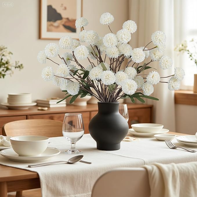 Faux White Kiku Flowers 10 Stems & 2 Eucalyptus, Fake Mums Pompon Flower Ball, Autumn Artificial Chrysanthemums Flowers for Boho Bedroom Decor, Silk Mini Faux Kiku Flower Wedding Arrangements Decor