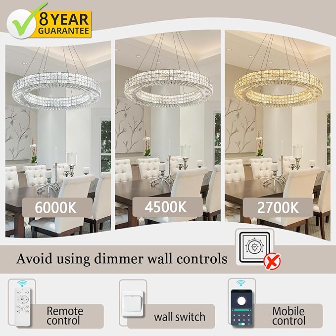 Dia 40" Modern Chandelier Ring Crystal Chandelier Adjustable Height Luxury Crystal Pendant Ceiling Light Fixture for Dining Living Room Bedroom