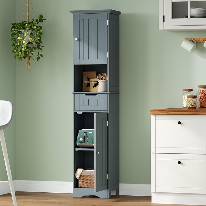 ChooChoo 67" Tall Bathroom Storage Cabinet Freestanding with Adjustable Shelves, Narrow Storage Linen Cabinet with 2 Doors and 1 Drawers for Bathroom, Living Room, Kitchen, Grey