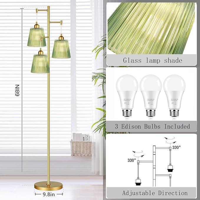 Gold Floor Lamp for Living Room,Bedroom,Mid Century Modern Standing Lamp Brass Tree 3 Light Tall Floor Lamps Vintage Retro Floor Lights Glass Green Flower Lamp Shade Farmhouse Boho Bohemian
