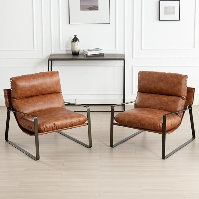 DUOMAY Mid-Century Accent Chairs Set of 2, Comfy PU Leather Leisure Chairs Lazy Chairs with Brozen Metal Leg for Living Room Bedroom Office Apartment, Brown