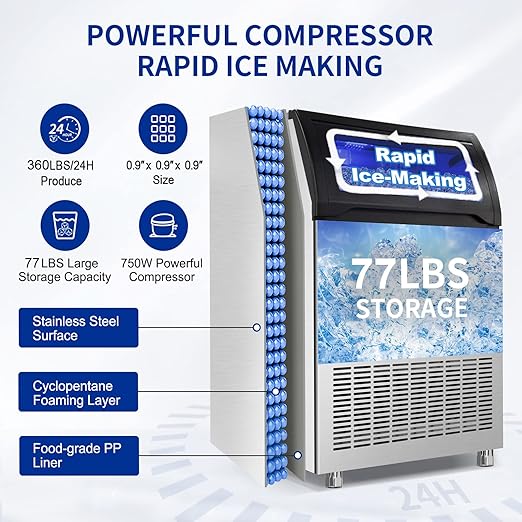 Commercial Ice Maker Machine 360LBS/24H with 77LBS Large Ice Storage Bin, 126Pcs Clear Ice Cubes in 11Mins, Stainless Steel Under Counter Industrial Ice Machine for Bar, Restaurant Business