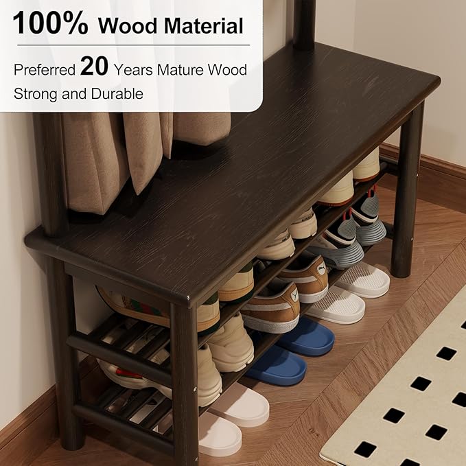 Coat Rack with Shoe Storage, Wooden Hall Tree with Bench, 11 Hooks and 2-Tier Storage Shelves, 3-in-1, Entryway Bench with Coat Rack (31.5"-Deep Black)