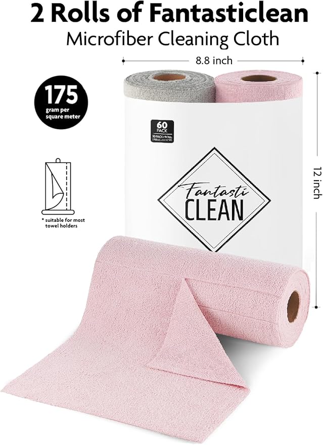 Fantasticlean Microfiber Cleaning Cloth Roll -60 Pack, Tear Away Microfiber Towels, 12" x 12", Reusable, Washable, Scratch Free, Ultra Absorbent Dish Rags for Car, Home, Garage or Shop (Pink & Grey)