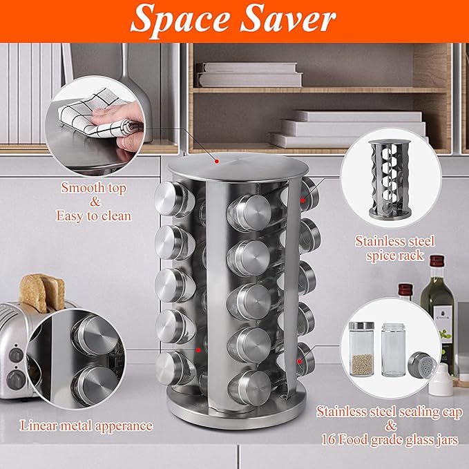 DOUBLE 2 C Revolving Spice Rack with 20 Jars, Rotating Spice Rack Organizer, Seasoning Organizer with Labels, Stainless Steel Spice Carousel for Kitchen Countertop, Cabinet