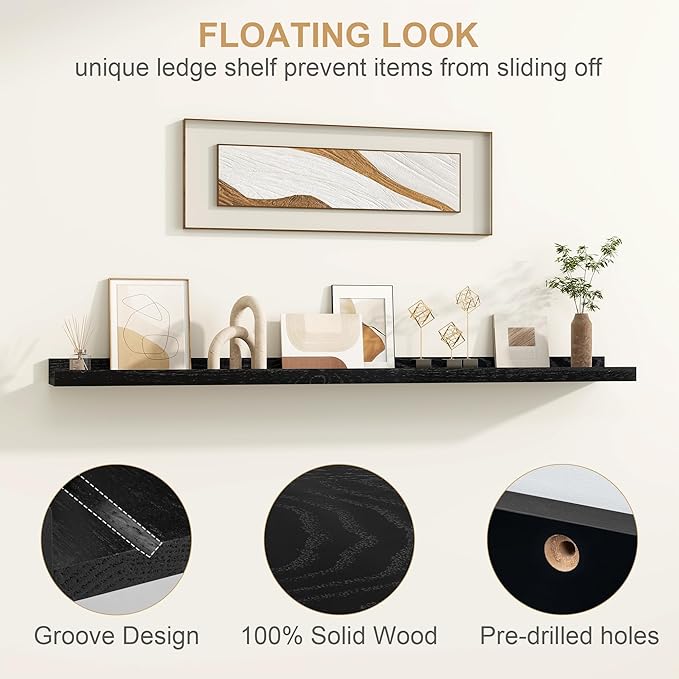 Floating Picture Ledge Shelves 55 Inch Solid Oak Wood Set of 2, Rustic Wall Storage Shelves with Lip, Kids Bookshelf, Photo & Picture Ledge Shelves for Bedroom, Living Room, Kitchen