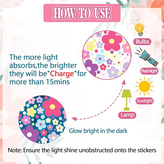 Glow in The Dark Y2k Cute Flowers Wall Decals，Glowing Luminous Colorful Floral Wall Stickers Colorful Removable self-Adhesive Preppy Hippie Stickers for Girls Bedroom