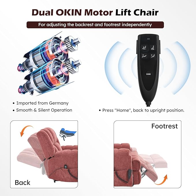 Dual Motor Power Lift Recliner Chair with Massage and Heat for Elderly People, Infinite Position, Burgundy Recliner Chair, Chenille Fabric Lift Chair