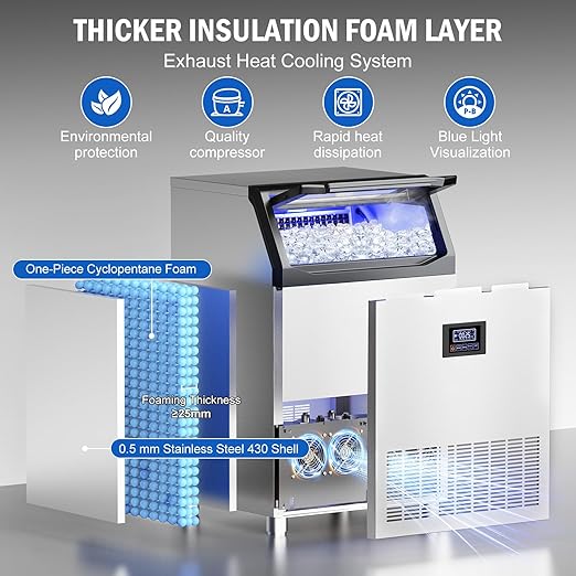 Commercial Ice Maker Machine 350 LBS/24H, 136 Ice Trays Freestanding & Undercounter Ice Machine Stainless Steel with 60 LBS Ice Storage Capacity, Ice Maker with Water Line and Filter, Dual Water Inlet