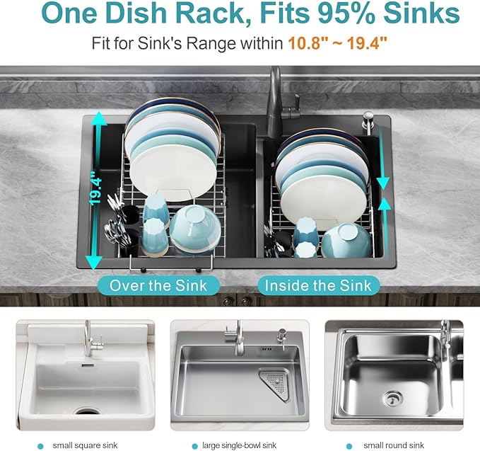 GSlife Expandable Dish Drying Rack - Stainless Steel Capacity Adjustable Over The Sink Rack (10.8''-17.9'') with Sink Mat, Dish Drainer for Kitchen Sink Counter with Utensil Holder, Silver