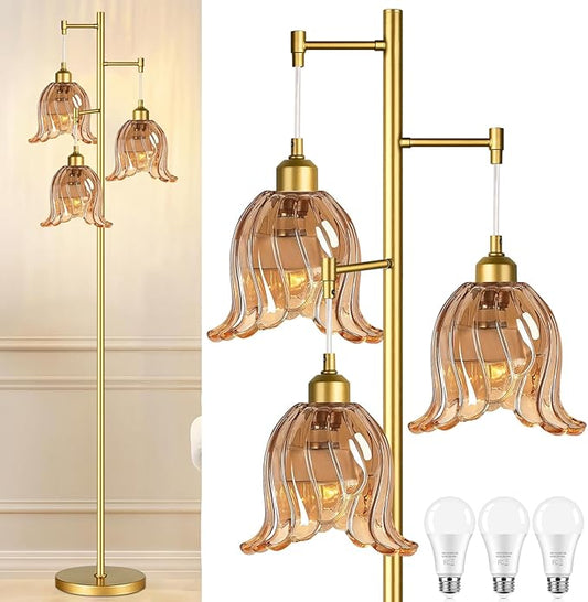 Gold Floor Lamp for Living Room,Bedroom,Tree 3 Light Standing Lamp Mid Century Modern Brass Tall Floor Lamps Vintage Retro Floor Lights Glass Flower Amber Lamp Shade Farmhouse Boho Bohemian