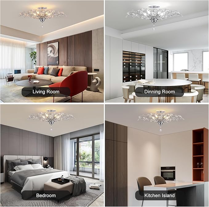 Ganeed Frozen Crystal Branch Close to Ceiling Light Chrome Silvery Vintage Chandelier with 5-Light Heads, Modern K9 Crystal Chandelier for Dining Room Living Room Bedroom Kitchen Over Table