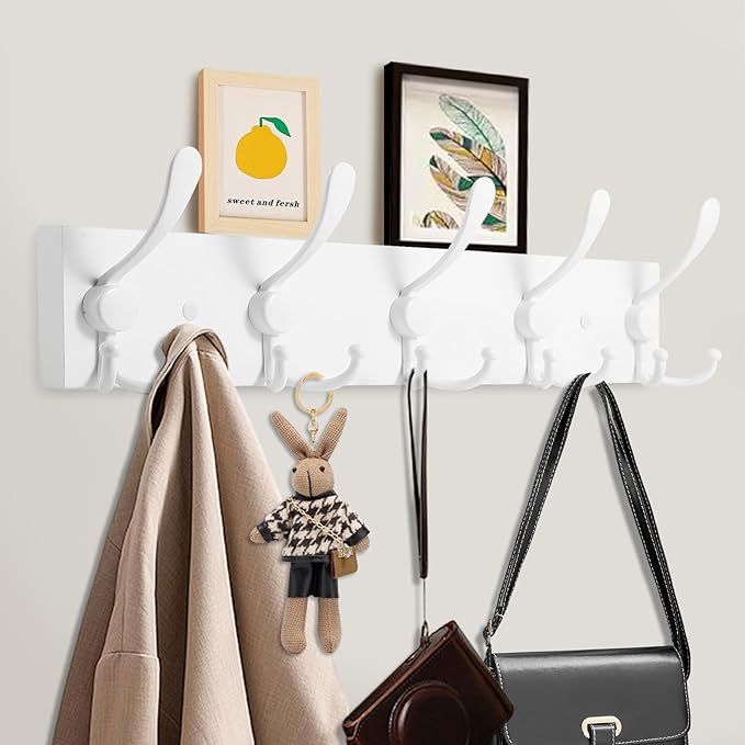 Coat Rack Wall Mount Coat Hooks Wooden Hat Rack for Wall Hooks Pine Real Wood Plank 16.9" White Coat Hanger with 5 White Triple Hooks for Hanging Coat Hat Jacket