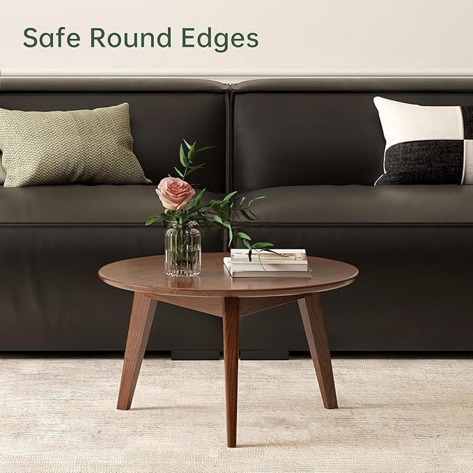 100% Solid Oak Wood Mini Coffee Table, Round Living Room Table Side Table w/Solid Wood Legs, Walnut Mid Century Sturdy Tables for Bedroom Balcony Living Room (23.62" D x 13.78" H)