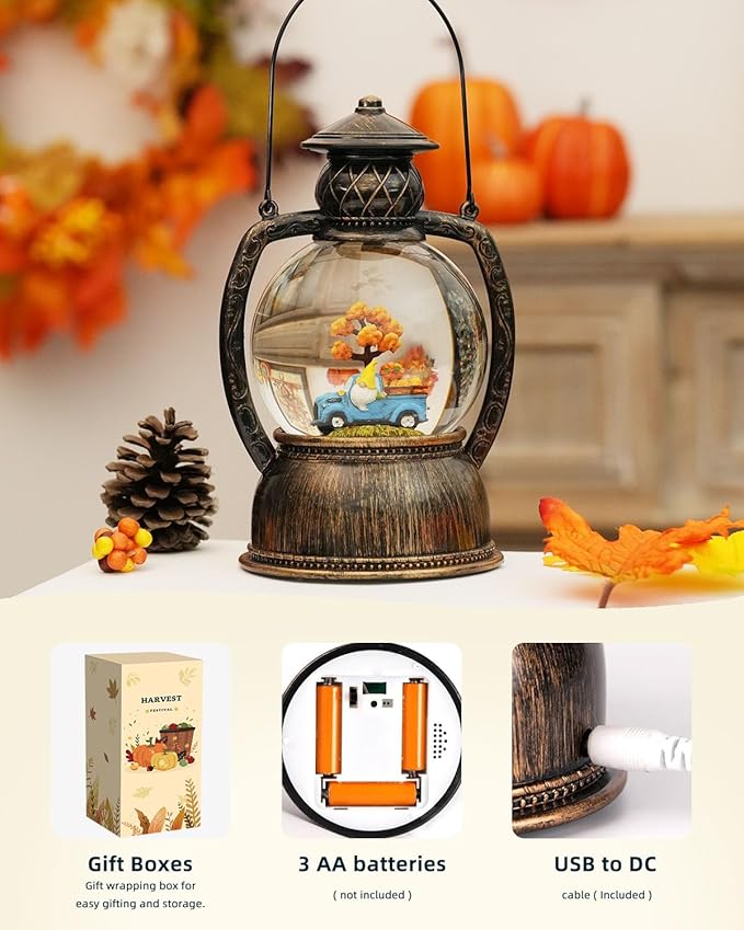 Fall Snow Globes, Blue Truck Pumpkin and Gnome Scene Snow Globes, Glittering Lantern with Timer, Snow Globe Lantern USB or Battery Powered for Fall Festival Thanksgiving Day Decor