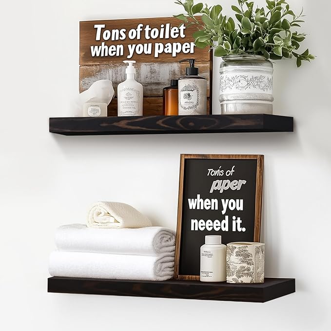 Floating Wall Shelves - 16"x6.8"x1.2" Sturdy Rustic Black Solid Wood Shelves for Storage and Décor, Easy Installation for Living Room, Bedroom, and Kitchen - 2 Pack
