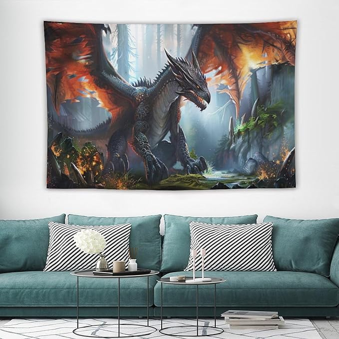 Dinosaur Tapestry Dragon Tapestries Fabric Wall Hanging Aesthetic Space Indoor Outdoor Wall Art Tablecloth Bedspread Decoration for Boy’s Bedroom Dormitory Living Room Home Decor 40"x60"