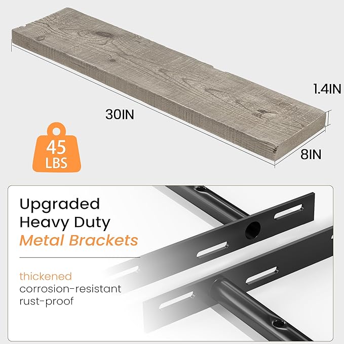 Fun Memories Floating Shelves for Wall Decor, 30"x8" Rustic Reclaimed Wood Shelves, Heavy-Duty Wall Mounted Shelves with Invisible Brackets, Set of 2for Living Room, Bedroom, Kitchen, Grey Finish