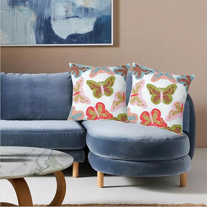 Embroidered Decorative Throw Pillow Cover, 18"x18" Set of 2, Farmhouse Pillowcase Colorful Butterfly Knit Pattern Cotton Canvas Cushion Case Square Floral Pillow Case for Sofa Couch Bed Living Room