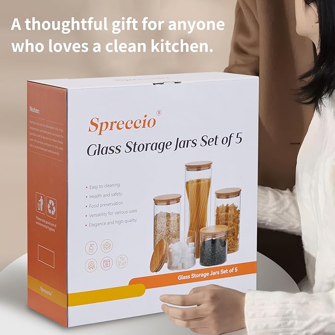 Glass Food Storage Jars with Lids[Set of 5], Perfect for Pasta, Cookies, Nuts, Coffee, Cereal, Flour, and More, Organize Your Kitchen and Pantry with these BPA-Free Glass Canisters