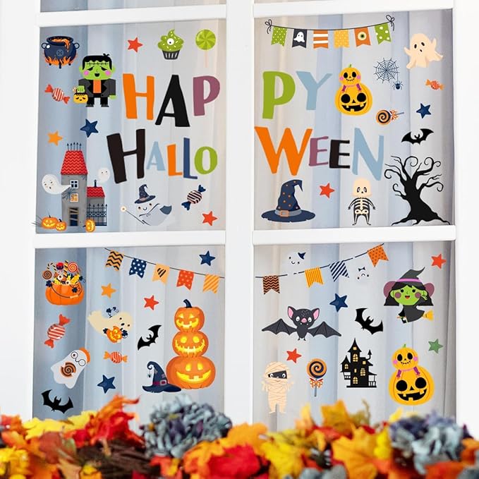 10 Sheets Halloween Window Clings Halloween Window Stickers Decorations Double-Sided Removable Castle Pumpkin Bat Glass Window Decals, Happy Halloween Window Clings for Kids Party Decorations