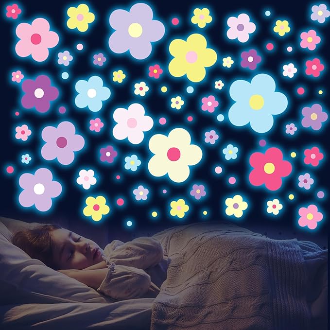 Glow in The Dark Y2k Cute Flowers Wall Decals，Glowing Luminous Colorful Floral Wall Stickers Colorful Removable self-Adhesive Preppy Hippie Stickers for Girls Bedroom