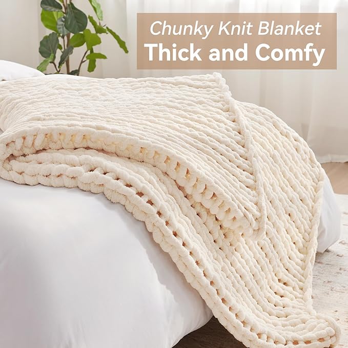 Chunky Knit Throw Blanket, 30''*40'' Knitted Throw Chenille Yarn for Bed Couch, Handmade Cream Crochet Big Thick Blanket, Machine Washable Cute Comfy Blanket for Home Decor