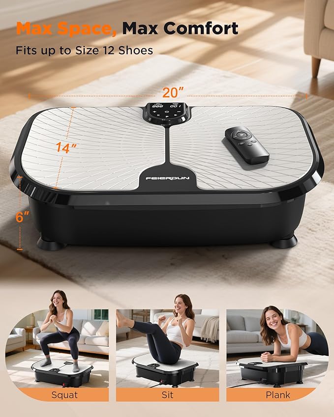 FEIERDUN Vibration Plate Exercise Machine, 400 LBS Capacity Vibration Plate for Lymphatic Drainage, Max Space for Whole-Body Workout & Relaxation at Home