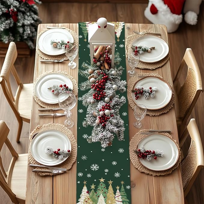 GEEORY Christmas Table Runner 13x90 Inch, Xmas Trees Snowflakes Holiday Decorative Farmhouse Table Decoration for Kitchen Dinning, Indoor Outdoor Dinner Party Decor (Green) GT152-90