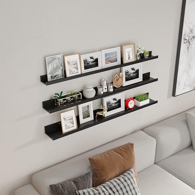 Giftgarden 47 Inch Black Floating Shelves Ledge, Wall Mount Long Picture Rail Large Woodgrain Photo Shelving for Living Room Bedroom Office, Set of 3 Different Sizes