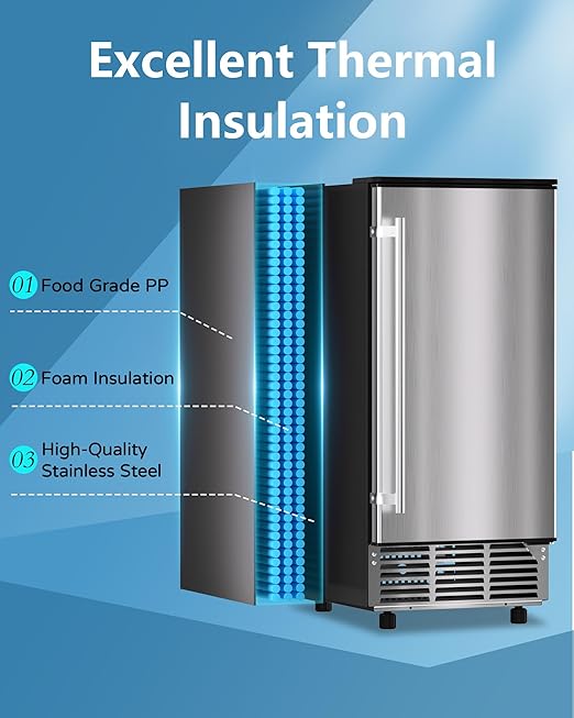 Commercial Ice Maker Machine Reversible Door 120LBS/Day, Undercounter Ice Makers 30LBS Storage Bin and 40 Ice Cubes, Icemaker Machine Brushed Metal with Water Line, Ice Scoop