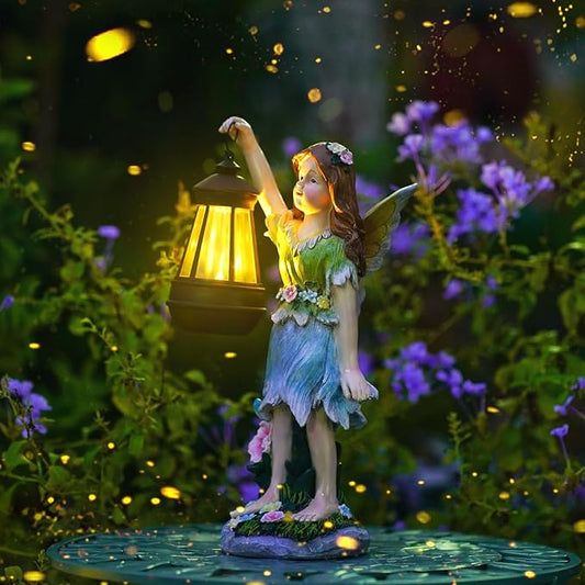 Fairy Garden Statue Solar Garden Fairy with Lantern Light Outdoor Decoration Waterproof Solar Sculpture for Patio Yard Lawn Gift for Mom Grandma