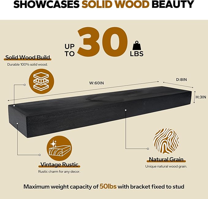 Floating Shelves 3 inch Thick for Wall Set of 2,Solid Pine Wood Wall Mount Shelf for Kitchen Living Room Bedroom Bathroom,8" D x 60" L x 3" H-Black