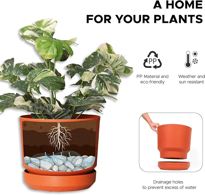 Elly Décor 14 inch Plastic Cylinder Planter Pot with Self-Watering Saucer and Drainage Hole,Lightweight & Extremely Durable, 14"x 14", Terracotta