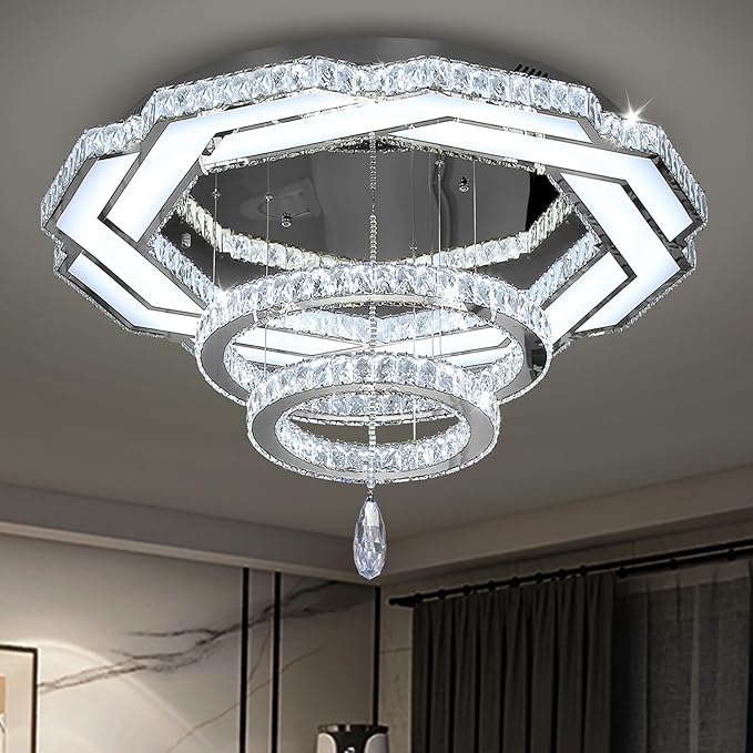 Flashing God Crystal Chandeliers Dia 32" Silver Elegant Chandelier Flush Mount Ceiling Light for Bedroom Living Room Dining Room Hallway Dimmable 3 Rings LED Celing Lighting Fixtures