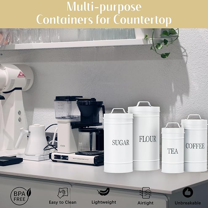Farmhouse Canister Set for Kitchen Countertop, Airtight Nesting Kitchen Canisters Set of 4, Mental Flour Sugar Coffee Tea Storage Canister Jars, Vintage Country Design, White