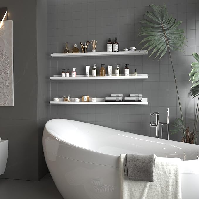 Giftgarden 47 Inch White Floating Shelves for Wall Mount, Modern Long Wood Wall Shelf Ledge for Bathroom Bedroom Living Room Kitchen Nursery Storage, Set of 3 Different Sizes